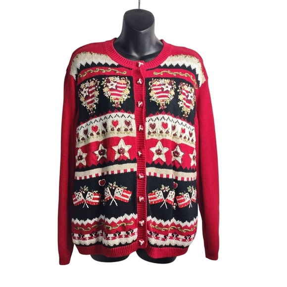 Heirloom Collectibles Sweaters - Vtg Heirloom Collectibles Cardigan Sweater Red Cotton Blend Embroider Flags Sz L
